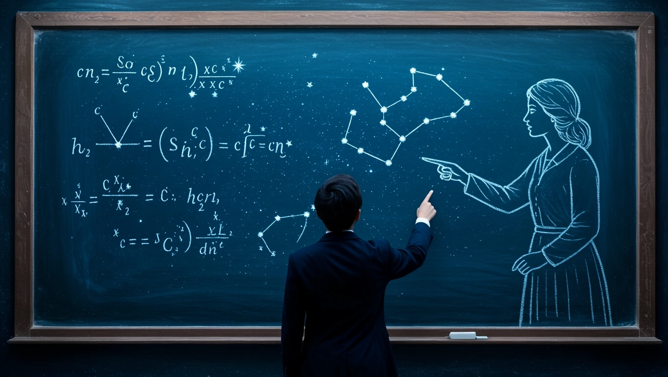 Mit jelent tanárnővel álmodni? – Részletes álomfejtés és értelmezés Egy tanárnő mutat a csillagképekre, miközben egy diák figyel.