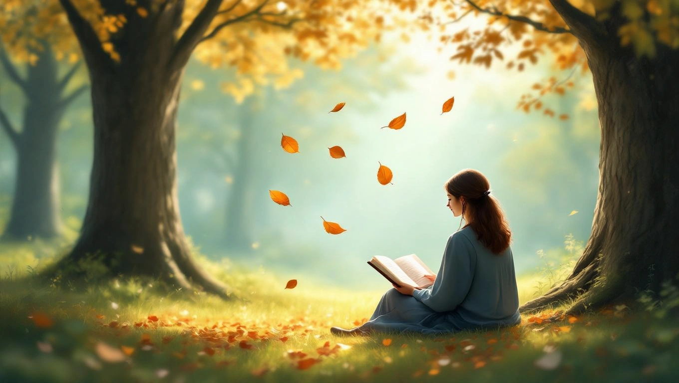 Mit jelent tanárnővel álmodni? – Részletes álomfejtés és értelmezés Egy nő ül a fák alatt, könyvet olvasva, őszies levelek hullanak körülötte.