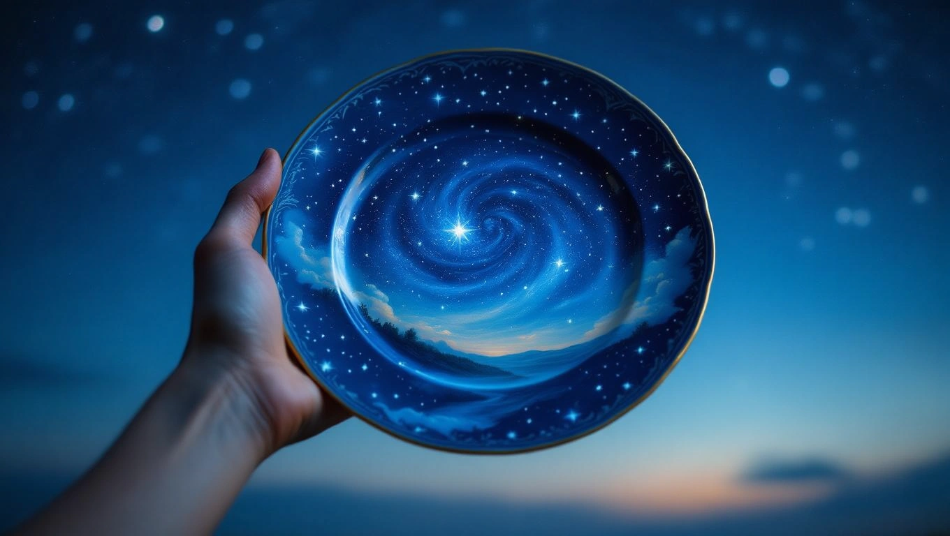 Egy kézben tartott tányér, amelyen csillagos égbolt és galaxis látható.