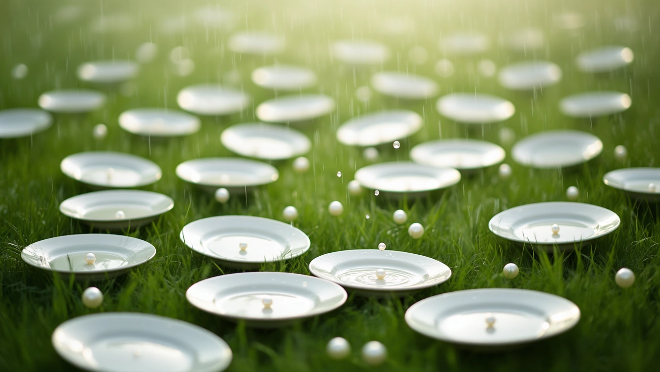 Fehér tányérok szétszórva zöld fűben, esőcseppekkel és gyöngyökkel.