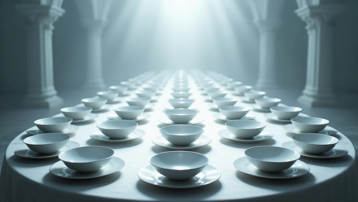 Fehér tányérok és tálak sorakoznak egy asztalon, szürke háttérben.