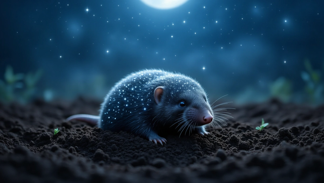 Egy vakond a föld alatt, csillagokkal teli éjszakai háttérrel.