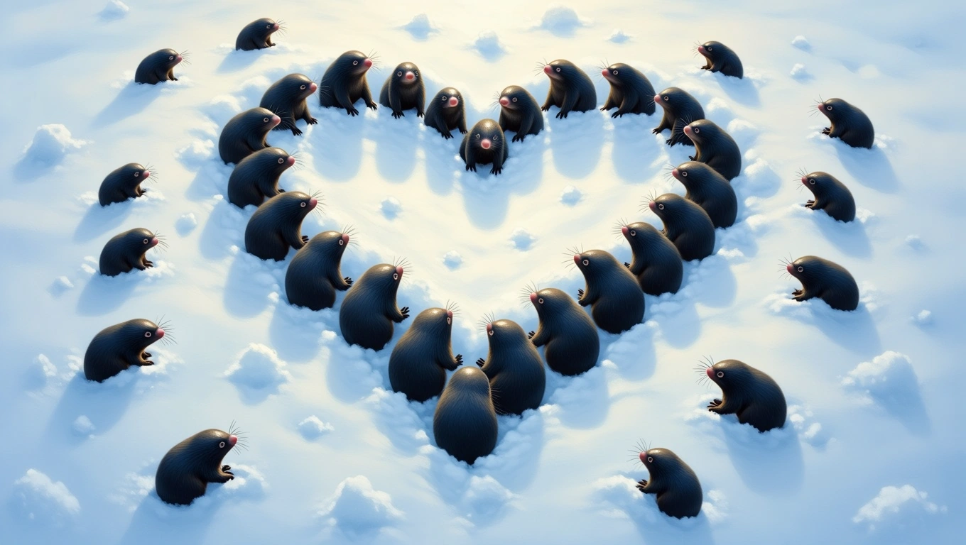 Mit jelent vakonddal álmodni? – Részletes álomfejtés és értelmezés Több vakond csoportosul egy szív alakban a hóban, barátságos hangulatban.