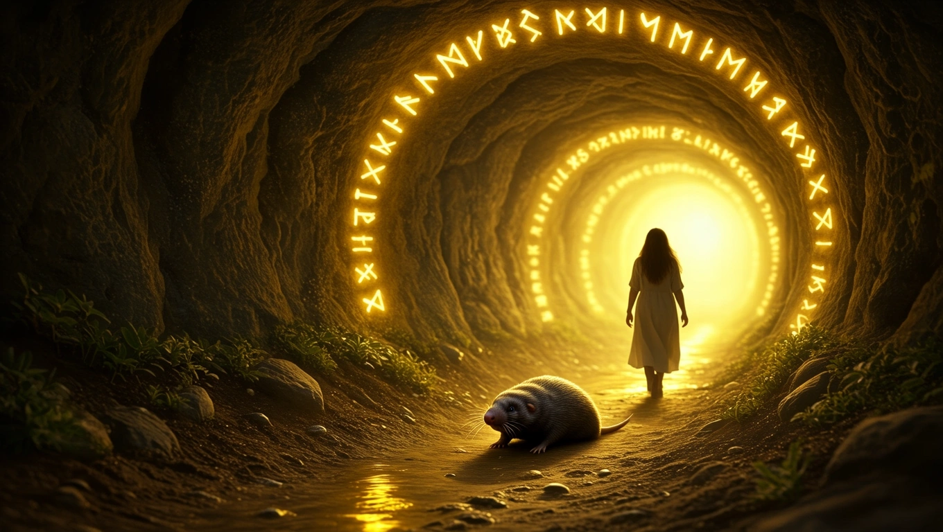 Mit jelent vakonddal álmodni? – Részletes álomfejtés és értelmezés Egy vakond és egy nő sétál egy fényes alagútban, rejtett szimbólumokkal.
