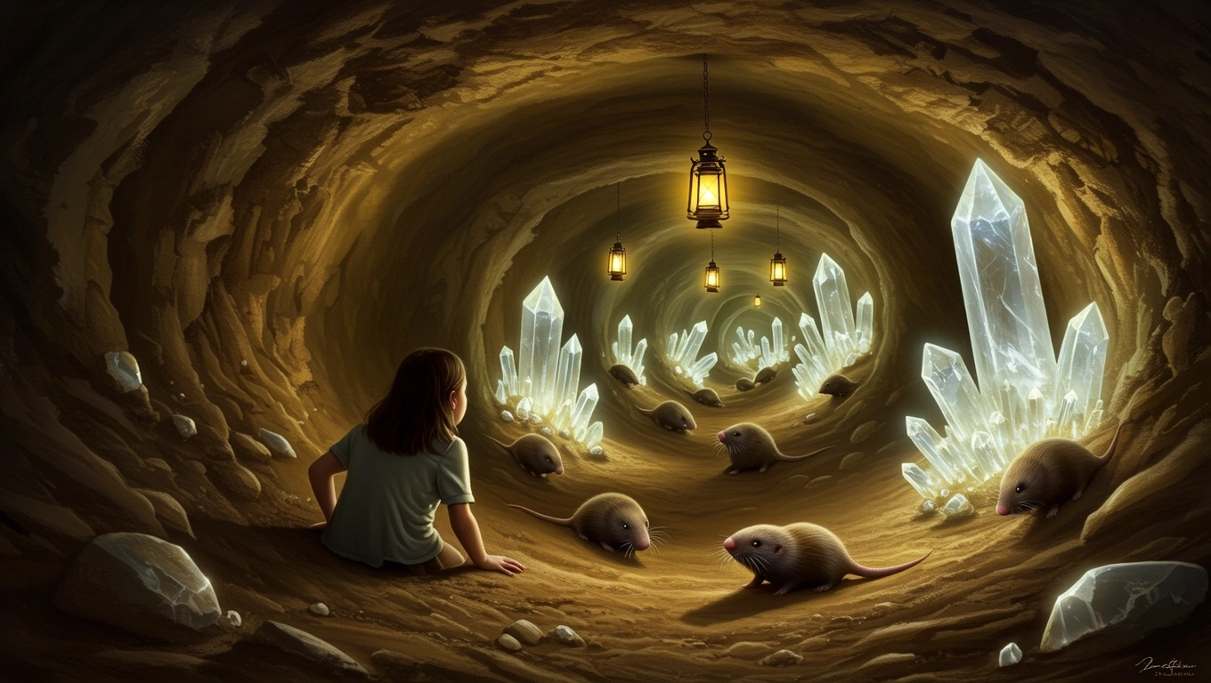 Mit jelent vakonddal álmodni? – Részletes álomfejtés és értelmezés Egy gyerek ül egy vakondtúrásban, kristályokkal körülvéve, vakondokkal.