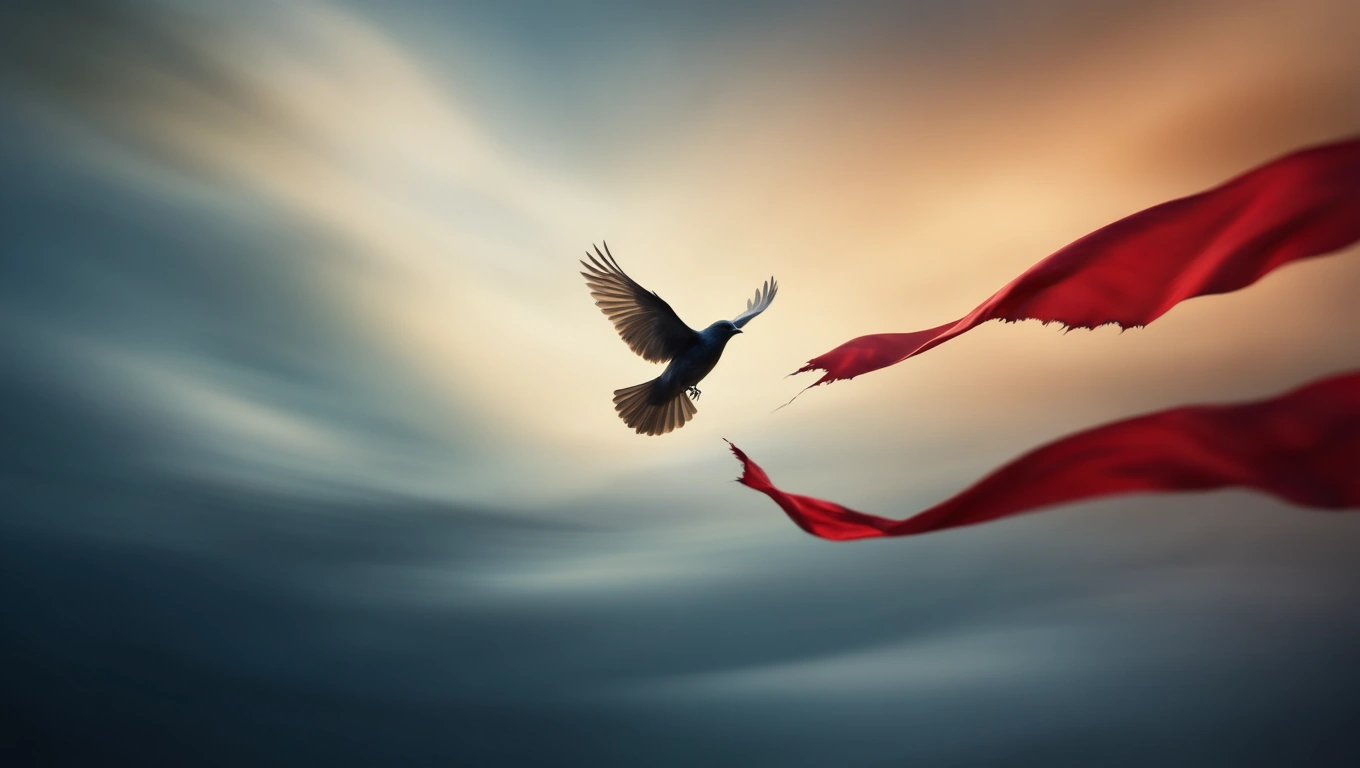 Mit jelent vereségről álmodni? – Részletes álomfejtés és értelmezés Egy madár repül a kék és narancssárga ég alatt, piros szalagokkal.