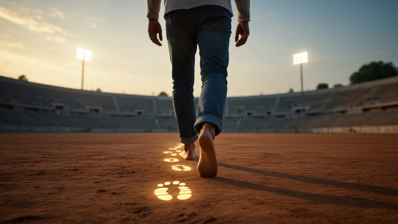 Mit jelent vereségről álmodni? – Részletes álomfejtés és értelmezés Egy ember mezítláb sétál egy üres stadionban, lábnyomokat hagyva a földön.