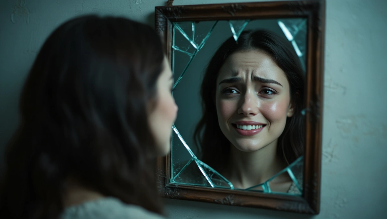 Mit jelent vereségről álmodni? – Részletes álomfejtés és értelmezés Egy nő néz a törött tükörbe, arca szorongást és szomorúságot tükröz.