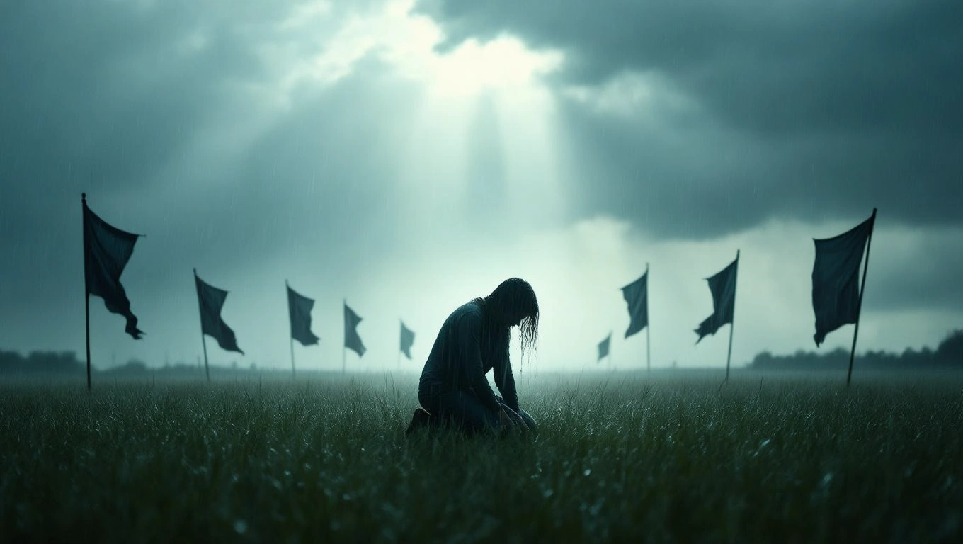 Egy szomorú alak térdel a fűben, esőben, körülötte fekete zászlók állnak.