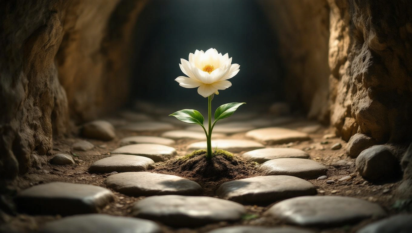 Mit jelent katakombáról álmodni? – Részletes álomfejtés és értelmezés Egy fehér virág nő a katakomba sötét, köves útján, fényben fürödve.