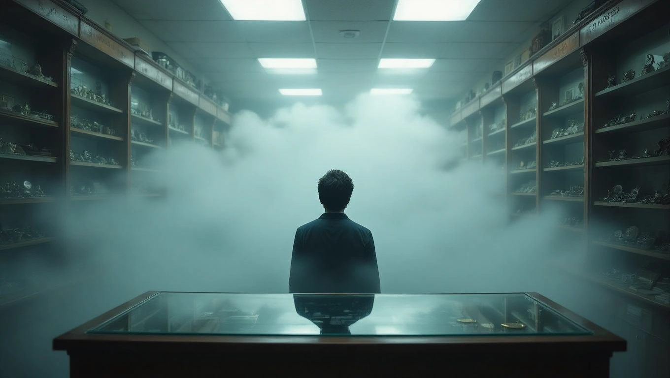 Mit jelent zálogházzal álmodni? – Részletes álomfejtés és értelmezés Egy férfi áll egy zálogházban, ködben, körülötte ékszerekkel teli polcokkal.