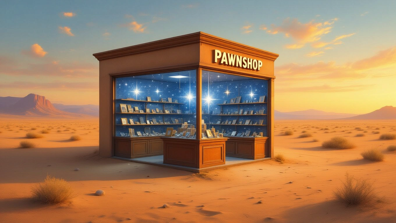 Mit jelent zálogházzal álmodni? – Részletes álomfejtés és értelmezés Egy zálogház a sivatagban, csillagokkal teli háttérrel és ékszerekkel.