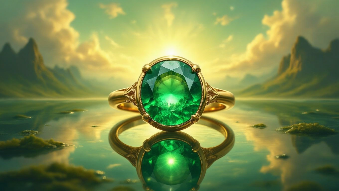 Mit jelent köves gyűrűvel álmodni? – Részletes álomfejtés és értelmezés Egy zöld drágakővel díszített arany gyűrű, vízparton tükröződik.