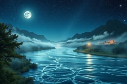 A Duna folyam csillagos éjszakai tájban, álomfejtés szimbólumaként.