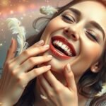 Boldog nő csiklandozással álmodik, játékos érzésekkel.