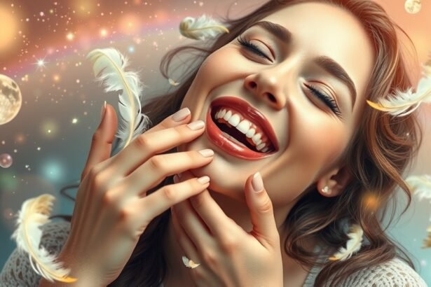 Boldog nő csiklandozással álmodik, játékos érzésekkel.