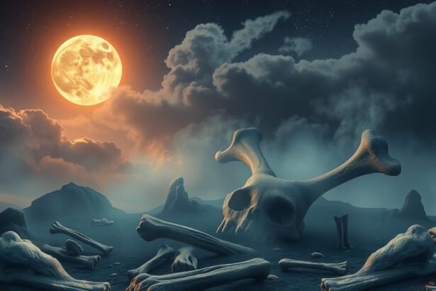 Álombeli csontok egy holdfényes éjszakán, szimbolikus jelentések.