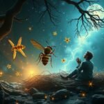 Darázsfészekkel álmodó figura, éjszakai táj, pszichológiai szimbólumok