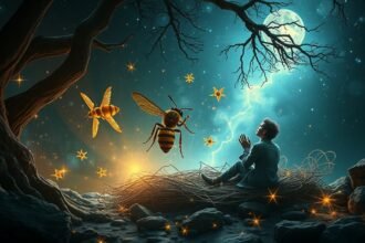 Darázsfészekkel álmodó figura, éjszakai táj, pszichológiai szimbólumok