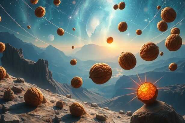 Diók lebegnek egy csillaggal megvilágított tájban, álomfejtés szimbóluma.