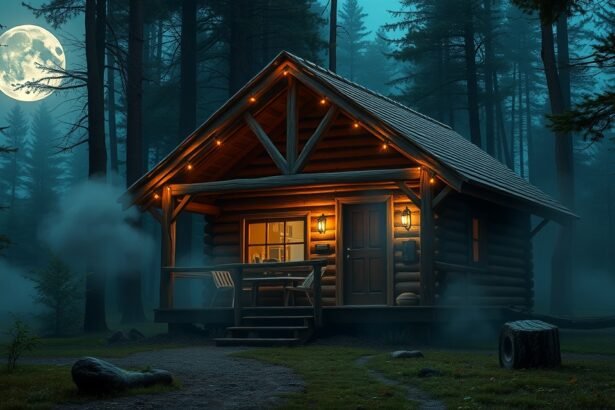 Egy kunyhó erdőben, telihold fénye alatt, misztikus atmoszférával.