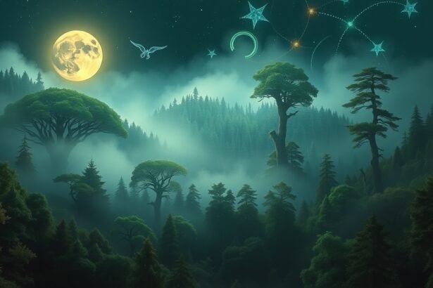 Változatos erdő táj és csillagos égbolt álomfejtéshez.