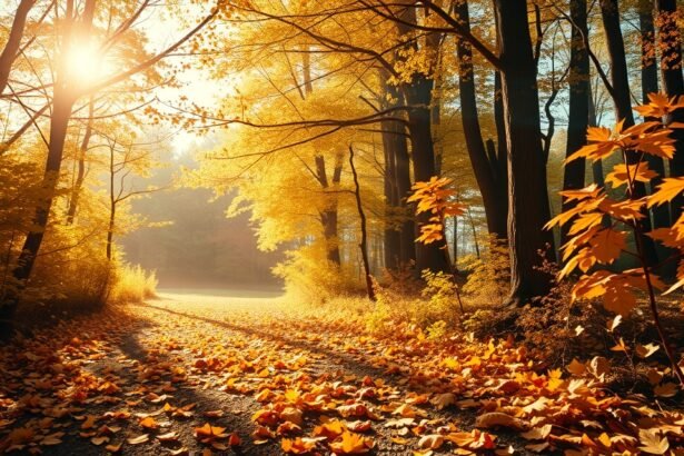 Őszi falevelek és napsütés egy erdőben, álomfejtés szimbólumai.