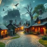 Álomszerű falu csillagokkal és holdfénnyel