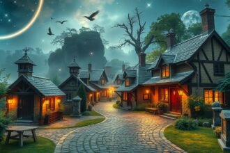 Álomszerű falu csillagokkal és holdfénnyel