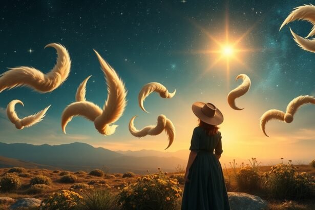 Nő álmodik a csillagok alatt, farok szimbólumokkal a levegőben.