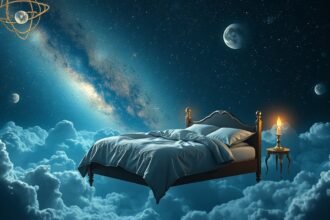 Fekhely az álmok világában, csillagok között, pihenés és biztonság szimbólumával.