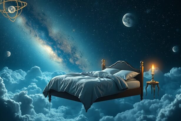 Fekhely az álmok világában, csillagok között, pihenés és biztonság szimbólumával.
