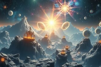 Álom táj, hegyek, csillagok és bolygók a végtelen űrben.