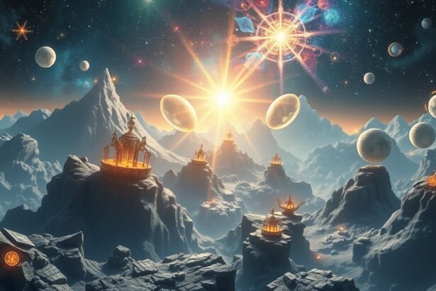 Álom táj, hegyek, csillagok és bolygók a végtelen űrben.