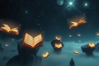 Álomfüzetek lebegnek az éjszakai égbolton, szimbolizálva a tudást és az érzelmi utakat.