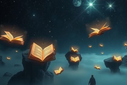 Álomfüzetek lebegnek az éjszakai égbolton, szimbolizálva a tudást és az érzelmi utakat.