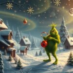 Grincs a havas tájban, karácsonyi dekorációval és örömteli hangulattal.