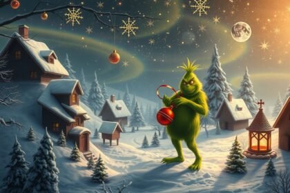 Grincs a havas tájban, karácsonyi dekorációval és örömteli hangulattal.