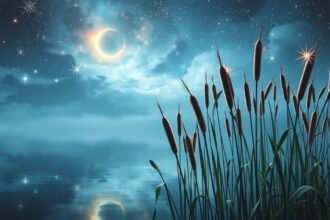 Gyékény a vízparton, csillagokkal és holdfénnyel megvilágítva