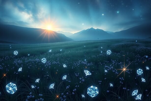 Gyémántok egy varázslatos tájon a napfelkeltében.