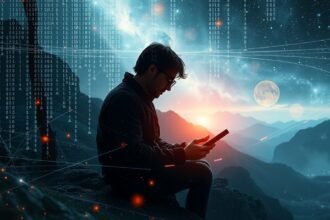 Fiatal férfi hackerrel álmodik digitális térben.