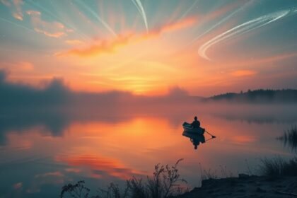 Halász álmodozik egy csónakból a naplementében.