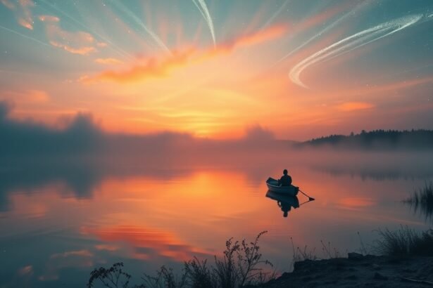 Halász álmodozik egy csónakból a naplementében.