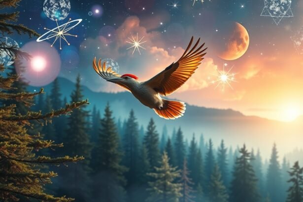 Harkály repülése varázslatos tájban, álomfejtés szimbolikájával.