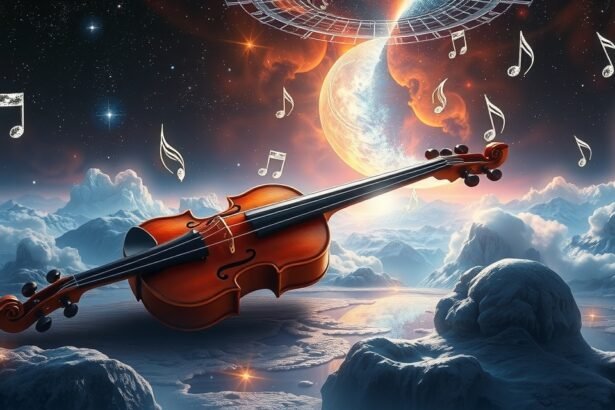 Hegedű egy álomszerű tájban, zenével és kozmikus elemekkel.