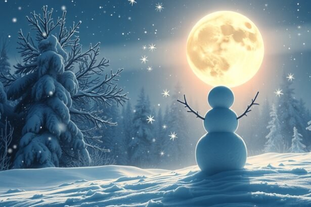 Hóember a telihold alatt havas tájon