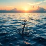 Egy horgony a vízfelszínen napnyugtakor