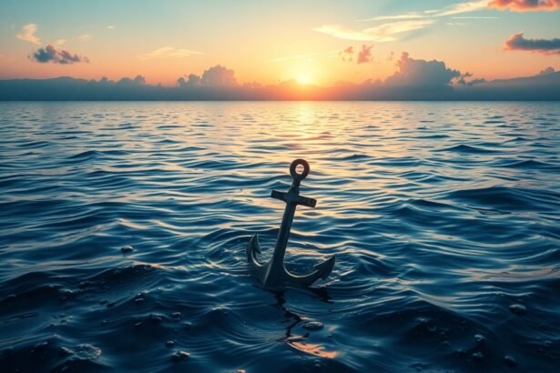 Egy horgony a vízfelszínen napnyugtakor