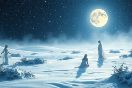 Nők hóban álmodoznak egy csillagos éjszakán.