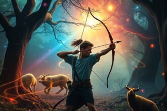 Íjász a varázslatos erdőben, vadon élő állatok körül.